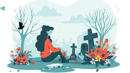 A woman sits beside a grave, possibly paying respects to loved ones