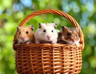 Three hamsters in a wicker basket, outdoors