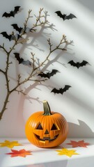 Halloween Pumpkin Minimalism featuring jack-o'-lantern with sinister smile, scattered leaves. Concept of Halloween Pumpkin Minimalism celebrating festive, cozy atmosphere.