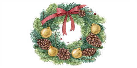 A beautifully crafted wreath features lush green pine branches adorned with golden ornaments and pinecones. AI generated.