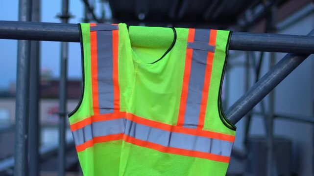 Bright Neon Green Safety Vest Hanging on Scaffolding at Construction Site.