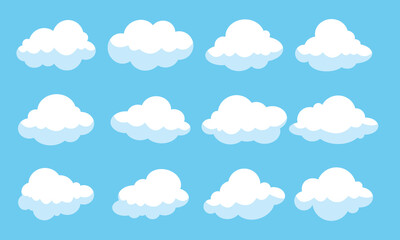 Cartoon flat white clouds set on blue background. Fluffy white cartoon clouds. Vector set of cartoon flat clouds illustration. Clouds