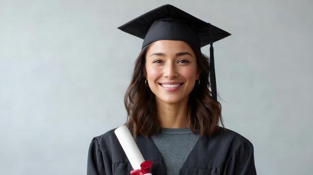 Graduate wearing a graduation gown and cap smiles at the camera while holding her diploma against a solid gray background in a sequence of photos
