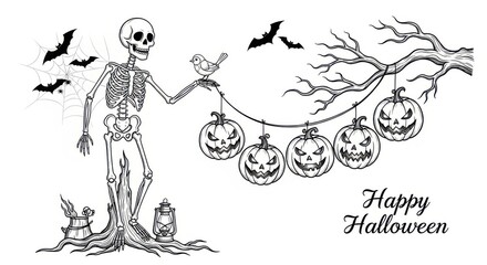 Obraz premium A whimsical black and white illustration of a skeleton holding a bird, with carved pumpkins hanging from a tree branch, isolated on white background