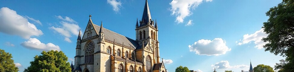 Naklejka premium Majestic French Church Ancient Stonework, Stained Glass, and Towering Spire under a Clear Blue Sky. A Picturesque Example of Religious Architecture and Heritage.