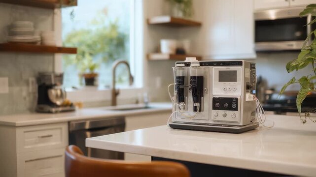 Medium shot of a dialysis cycler on a minimalist kitchen counter inside a tiny home with the machine detailed and the rest of the kitchen softly blurred to emphasize compact