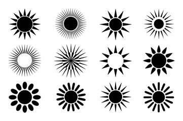 Collection of 12 Stylized Black Sun Icons with Varying Rays