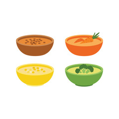 Four colorful bowls soup appetizer food delicious healthy vegetarian vegan vector