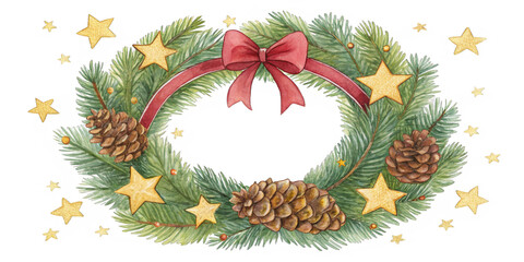 A beautifully crafted Christmas wreath features lush green pine branches adorned with golden stars and pinecones. AI generated.