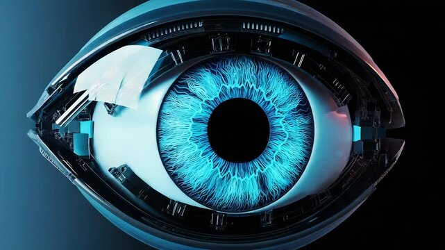 Futuristic bionic eye observing digital data stream in cyberspace
