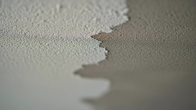 Textured ceiling closeup showing difference between repaired new texture and old ceiling before blending step.