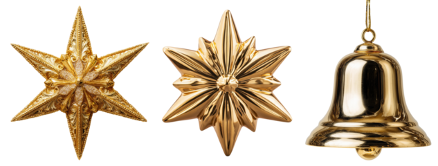 Set of gold ornament star and bell for Christmas and New Year, isolated on transparent background.