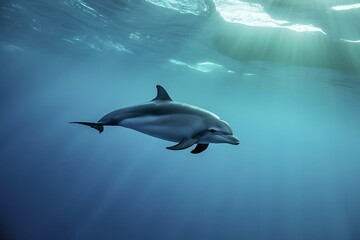 A dolphin swims underwater in the ocean with sun rays shining down