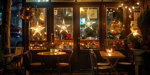 Warmly lit cafe interior tables candles star decorations windows dark wood inviting soft focus intimate golden