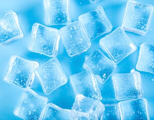 Wet ice cubes on blue background