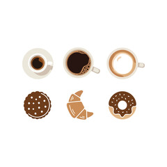 Coffee breakfast pastry food icon set delicious morning beverage treat collection vector