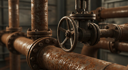 Rusted industrial pipe system with a focus on a large valve