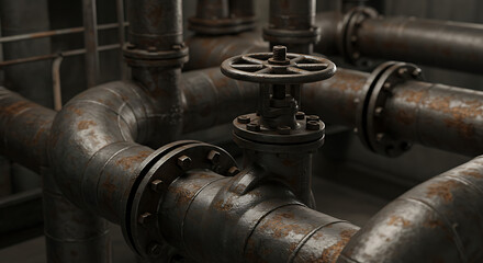 Close-up shot of a corroded valve on an aged pipe network