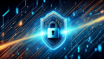 horizontal cyber scene with floating lock and diagonal binary motion blur