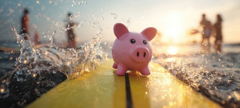 The playful pink piggy bank enjoying the summer beach sunset.