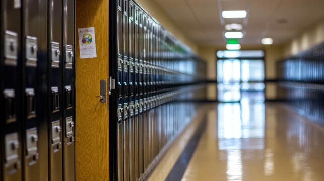 School hallway lined with lockers and a blurred background featuring doors and natural lighting