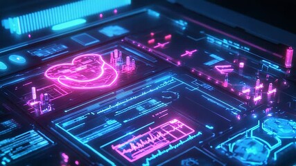 Futuristic neon medical interface displaying patient health data - Powered by Adobe
