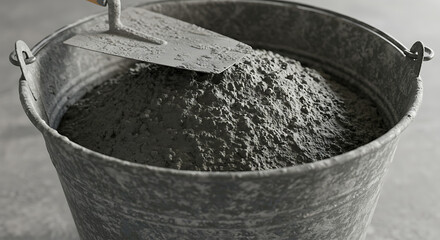 Close-up of a trowel resting on a bucket of cement