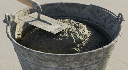 Cement mixture in a rusty bucket with a trowel on top