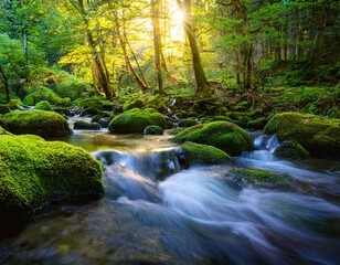 Obraz premium sunlit stream flows through lush green forest moss covers rocks