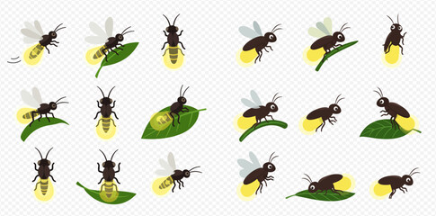 A charming collection of cartoon fireflies glowing brightly, some flying while others rest on vibrant green leaves.
