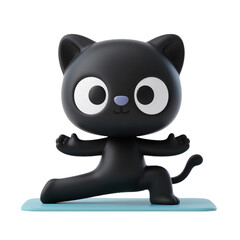 Obraz premium A cute 3D cartoon illustration of a black cat doing a yoga pose on a mat, symbolizing relaxation, mindfulness, and a healthy lifestyle.