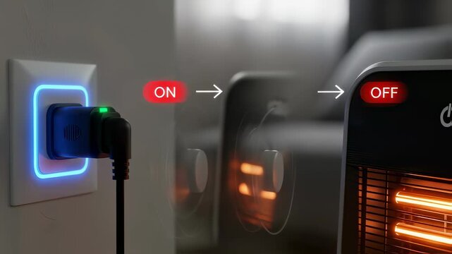 Animated sequence of a smart plug switching a space heater on and off at preset times for efficient room heating on cold mornings.