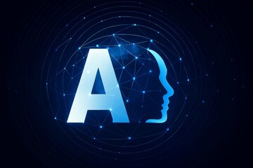 Abstract glowing blue ai symbol with a human head silhouette against a dark digital network background