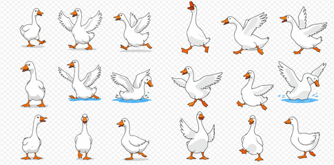 Cartoon white geese in various poses like walking, running, flapping wings, and swimming on a transparent background. © ArtLuna Studio