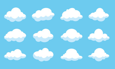 Cartoon flat white clouds set on blue background. Fluffy white cartoon clouds. Vector set of cartoon flat clouds illustration. Clouds