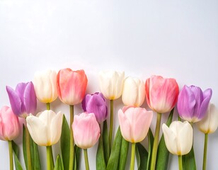 Naklejka premium Pastel tulips arranged in a horizontal line on a white background