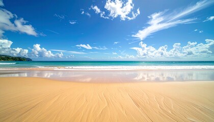 南国ビーチの波打ち際　砂浜の波に鏡のように反射する空の風景