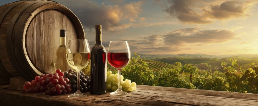 The serene wine experience with bottles and glasses in a vineyard setting.