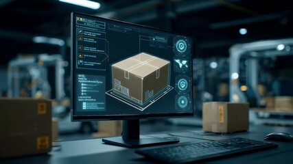 Medium shot of a computer screen showing reverse logistics software with a softly blurred technician analyzing data nearby.