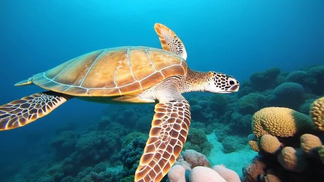 Sea turtle swims a long coral reef and looking for food.