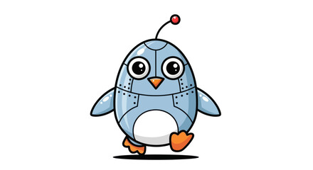 A cute blue cartoon robot penguin character with a red antenna walking happily.