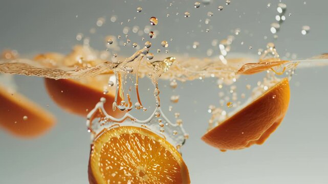 Super slow motion of orange slices falling into juice. Filmed on high speed cinema camera