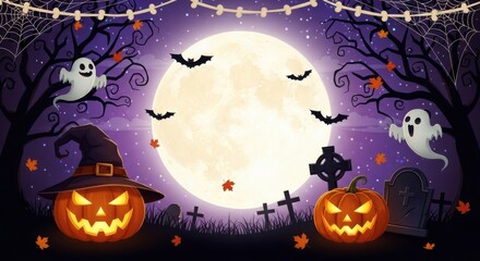 Spooky halloween night with glowing pumpkins, ghosts, bats, and a full moon in a graveyard