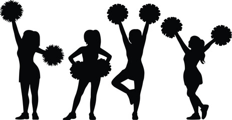 Cheerleader silhouettes with pom poms, dance performance poses, cheerleading team vector, energetic spirit girls, sports celebration, competition routine, festival performance illustration