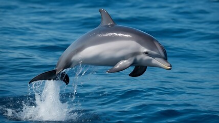 Naklejka premium A single dolphin jumping out of the water on a sunny day