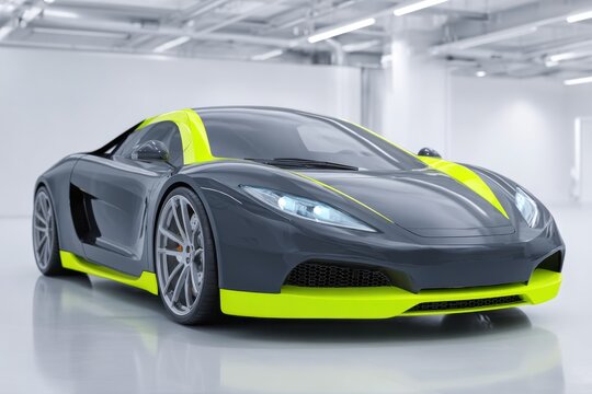 Futuristic sports car with neon stripes parked in a showroom