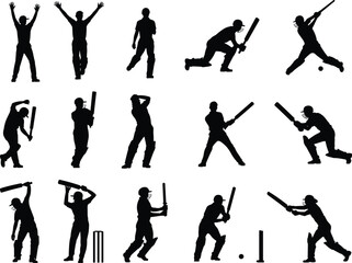 Cricket player silhouette vector, batsman action poses, sports illustration design, cricket match concept, professional athlete artwork, batting position graphic, editable black figure