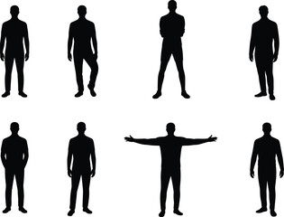 Male silhouette vector illustration, standing man poses, casual man outline, human body shape, black male figure, people silhouette art, vector design