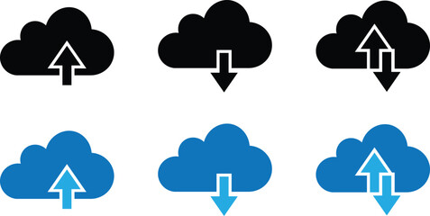 Cloud upload and download icon set with arrows in simple modern design, isolated on transparent background. Simple silhouette vector representing digital data transfer, file sharing and online backup.