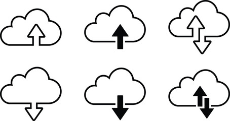 Cloud upload and download icon set with arrow in simple modern design, isolated on transparent background. Outline silhouette vector representing digital data transfer, file sharing and online backup.